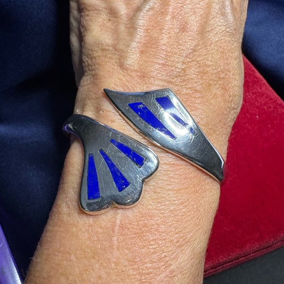 Cuff Bracelet*Southwestern 950 TAXCO Sterling Silver Blue Enamel Accents Vintage - Picture 6 of 7